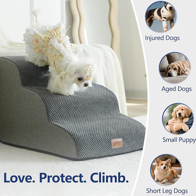 GoGoBunny Dog Stairs for Small Dogs, 3-Step Pet Steps for Couch Sofa, Grey | 15.7" H Pet Ramp, Non-Slip Waterproof Fabric Cover, Stable and Balanced Indoor Step, Pet Friendly