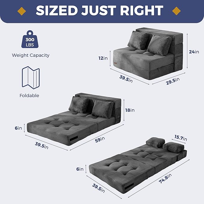 MAXYOYO Convertible Sofa Bed, Fold Out Loveseat Sleeper Sofa with Pillow, 4 in 1 Tufted Folding Couch Bed Foam Floor Couch, Lazy Chair for Living Room Bedroom Guest Room, Dark Grey