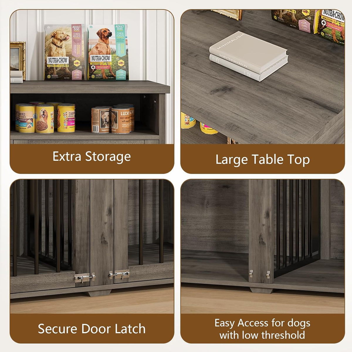 Furniture Dog Crate for 2 Dogs, 41 Inch Dog Kennel Furniture with Removable Divider and Shelf Storage, Wooden Dog Crate for Small/Medium Dogs, Grey