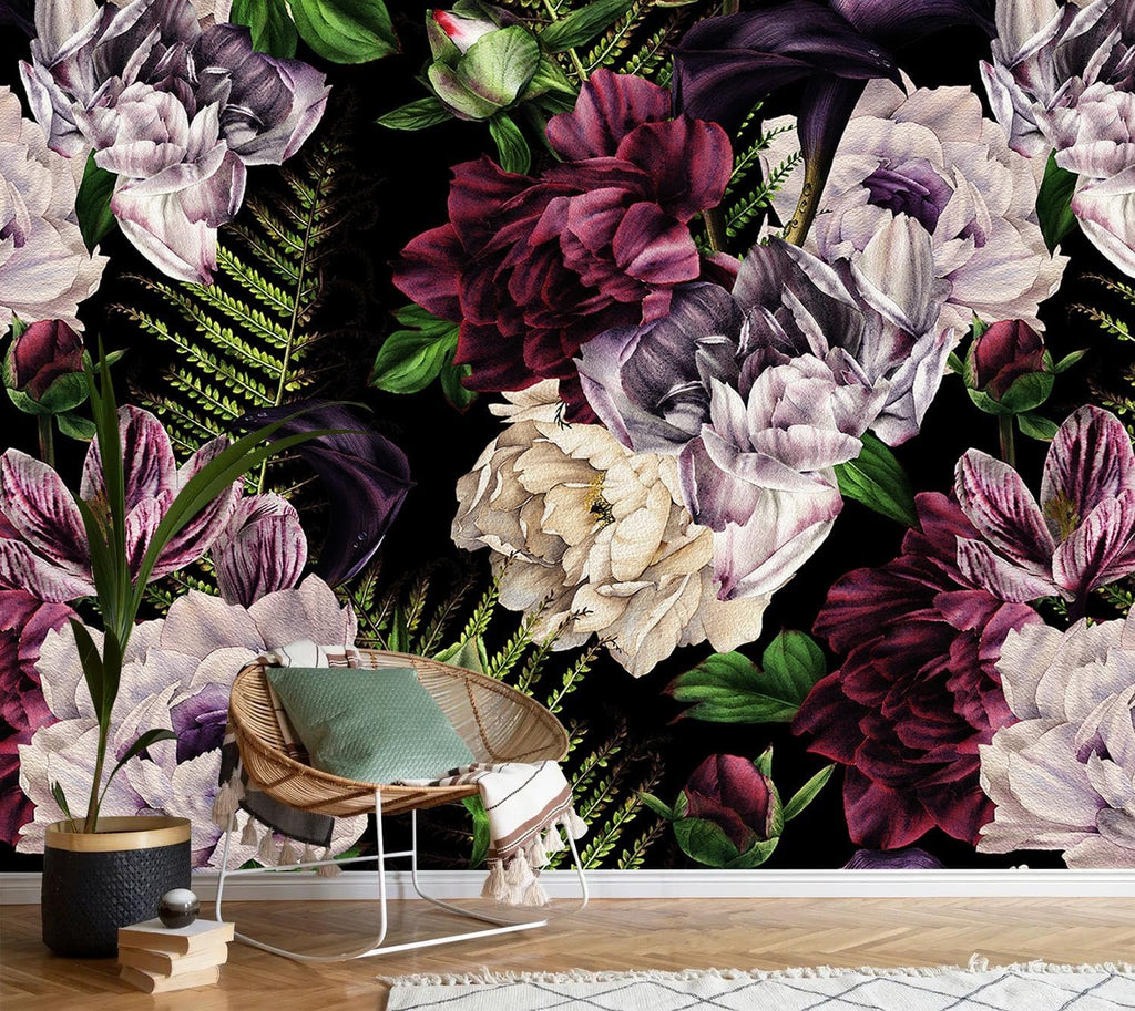 AFZEVEB-Purple Peony Wallpaper Watercolor Floral Wall Mural for Bedroom 114"x74"(Not Peel and Stick)