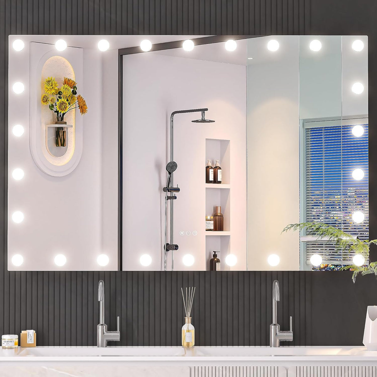 Hasipu LED Bathroom Mirror with Lights, 55" x 36" Hollywood Wall-Mounted Bathroom Mirror with 26 Dimmable Bulbs, 3 Colors Modes, Touch Control, Anti-Fog, Memory Function, Shatter-Proof, ETL Listed