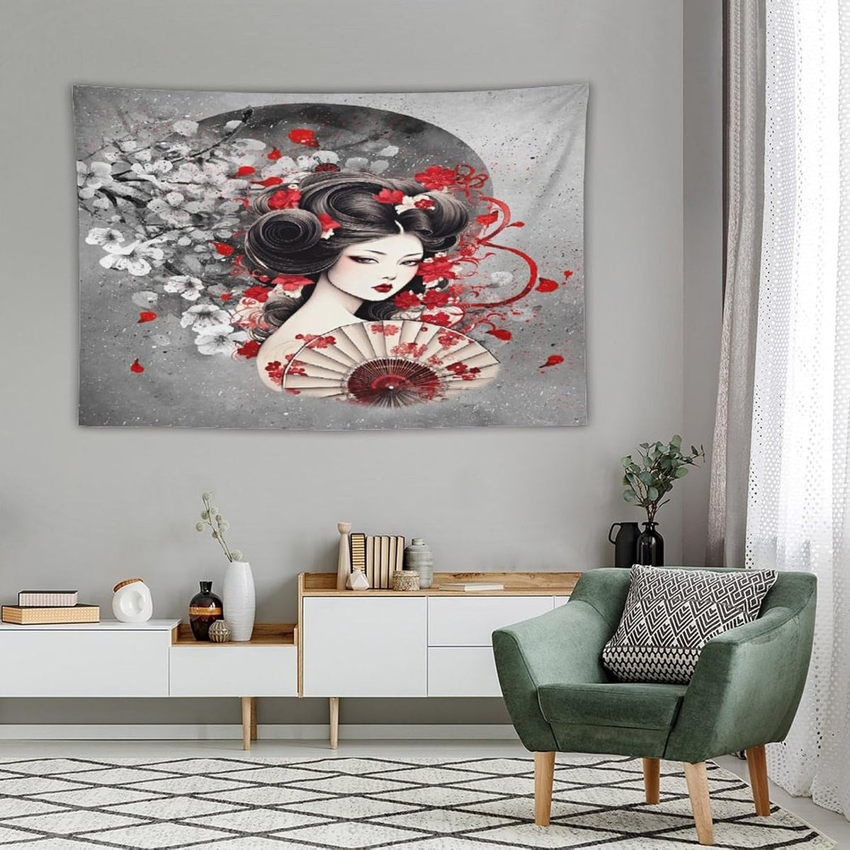 Japanese Geisha Tapestry Asian Red Cherry Blossom Red Sun Traditional Kimono Folk Tapestries Home Decor for Living Room Bedroom Apartment Farmhouse Dorm 90"x60"