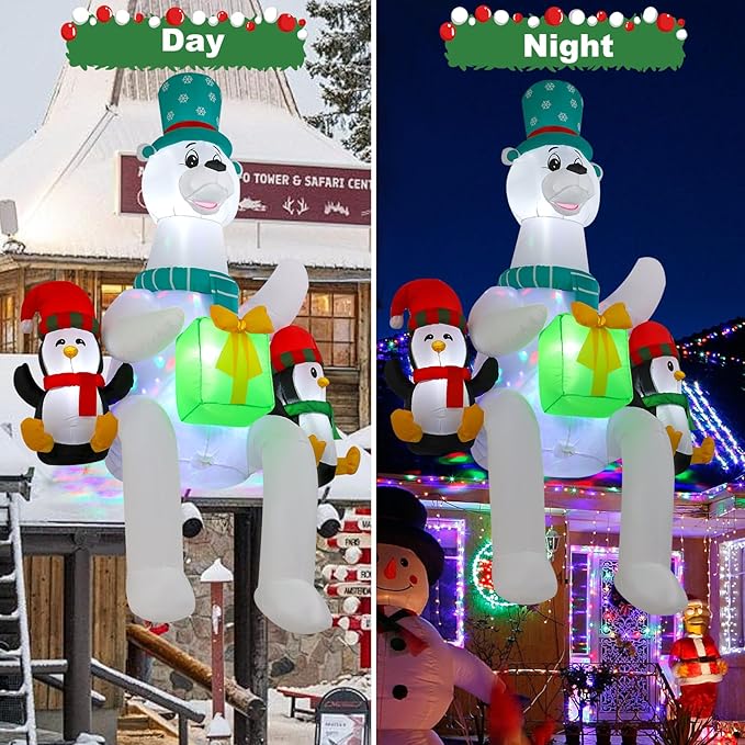 8 FT Polar Bear Inflatable Decoration Sitting on Roof with LED Lights and Kaleidoscope Lights, Suitable for Holiday Celebration Decorations on Yard, Lawn and Patio