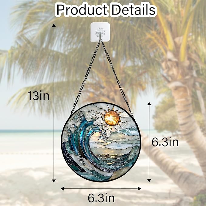 Stained Glass Window Hanging, Blue and White Waves Suncatcher Diamond Glass Panel Landscape Sun Catchers Decor for Birthday for Women, Men, Wife, Aunt, and Mom 6.3 x6.3 in
