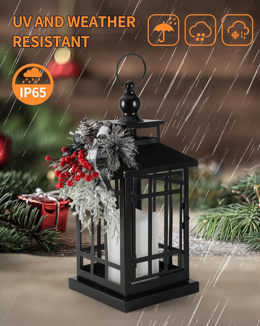 iStatue Metal Black Christmas Lantern with Flameless Candle, 14'' Modern Farmhouse Decor Festive Holiday Rustic Home Gifts for Indoor / Outdoor (Xmas)