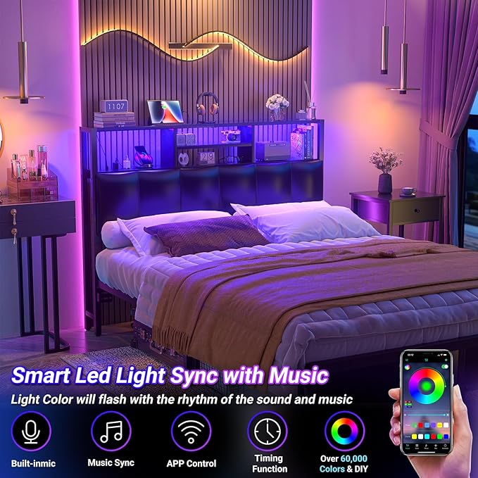 Aheaplus Headboard for Full Size Bed with Storage, Upholstered Headboards with Outlets, USB Ports and LED Light, Reversible Full Size Head Board, Height Adjustable, Comfortable Headboard, Black
