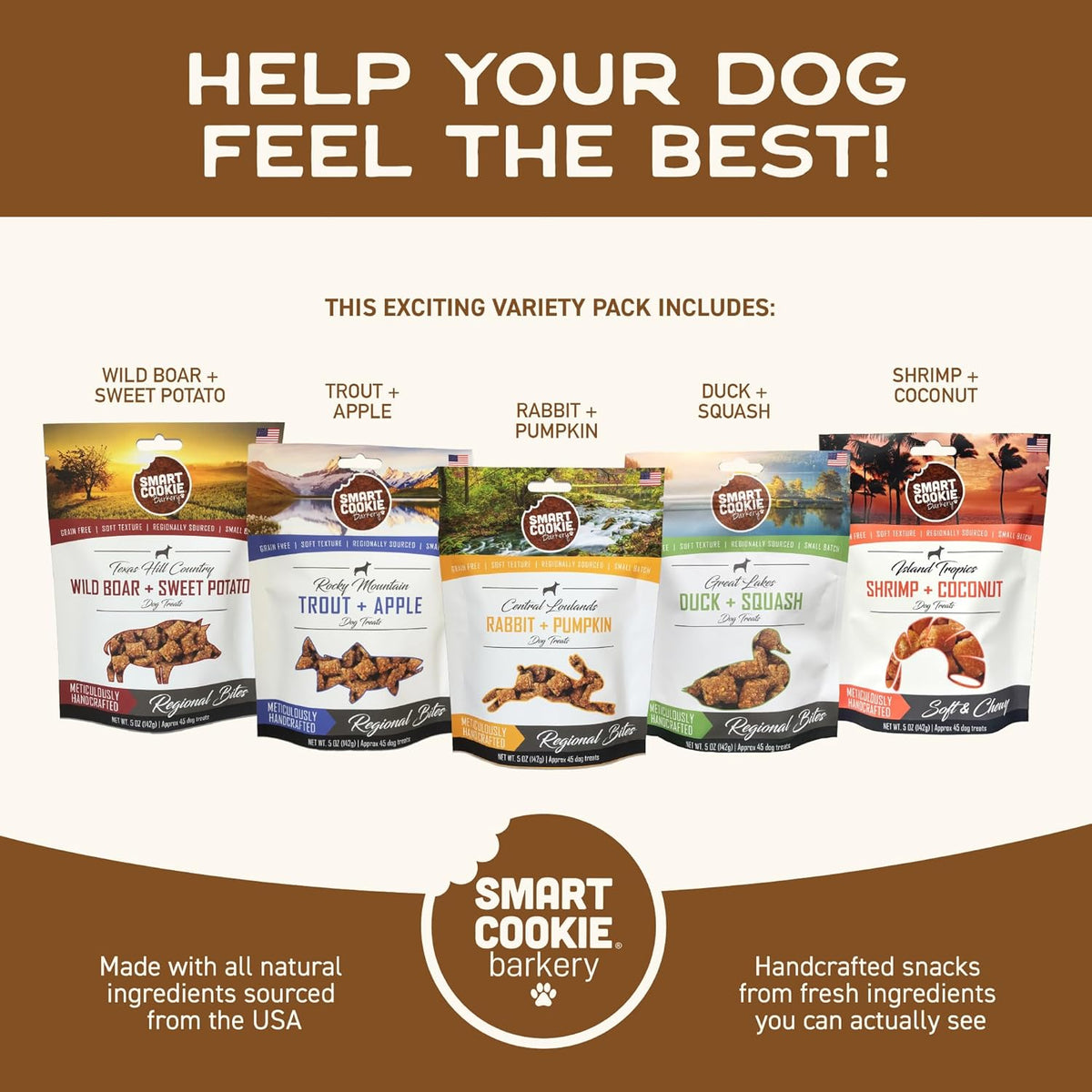 Smart Cookie All Natural Soft Dog Treats - 5 Flavor Variety Pack (5oz Each) - Healthy Dog Treats for Dogs & Puppies with Allergies, Sensitive Stomachs - Chewy, Grain Free, Made in USA