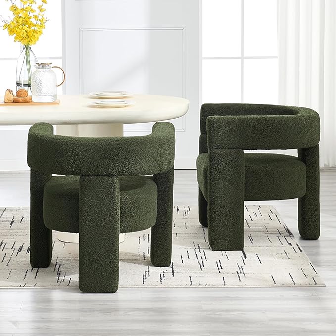 Sherpa Barrel Dining Chairs Set of 3, Upholstered Boucle Accent Kitchen Chairs with Arms, Comfy Faux Fur Side Chair Modern Armchair for Dining Room, Bedroom, Home Office, Green