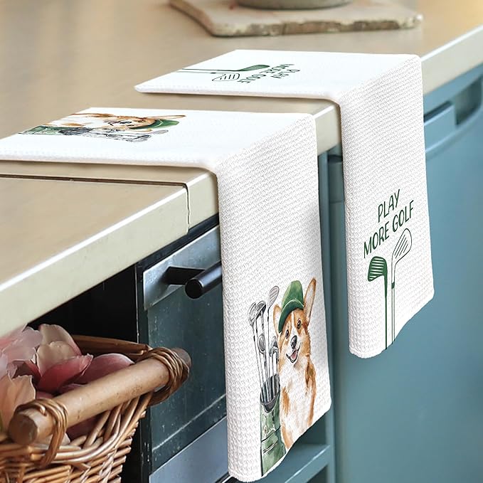Golf Dog Kitchen Towels - Corgi Dish Towels, Sports Gifts, Pet Golf Club Decorative Absorbent Dishcloths Hand Towels Set of 2 for Spa Kitchen Gym Decor 16x24 Inches