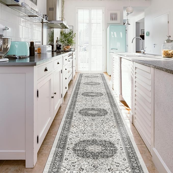 Hallway Washable Runner Rug - 2'6x14 Kitchen Rugs Entryway Rug Runner Vintage Soft Floor Mat Non Slip Indoor Farmhouse Carpet for Bathroom Living Room Bedroom (2'6''x14', Grey)