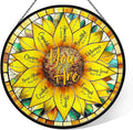 Christian Sunflower Stained Glass Window Hanging, 7.9" Inspirational Bible Verse Sun Catcher Glass Panel, Sunflower Decor Hand Painted Round Wall Art, Religious Gifts for Women, Mom, Wife