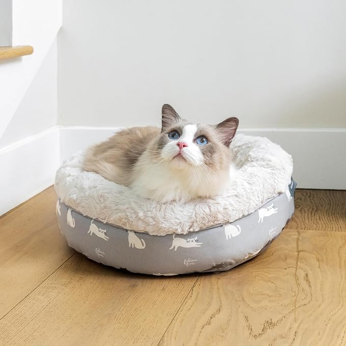 Fringe Studio Cat Bubble Text Mudcloth Gray Small Circle Pet Bed 18"- Poly Filled with Faux Fur Interior - Machine Washable