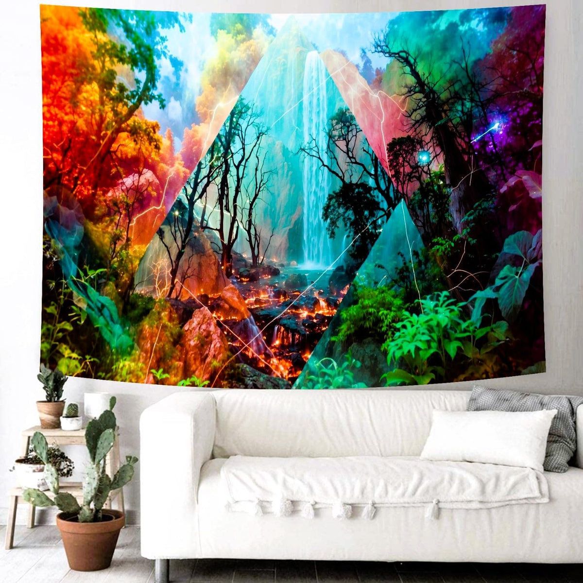 Delur Forest Tapestry Waterfall Mountain Rainforest Sunset Nature Tree Tapestry Wall Hanging Scenic Tropical Landscape Natural Sunrise Headboard for Bedroom Living Room Home Decor (70.8" x 92.5")
