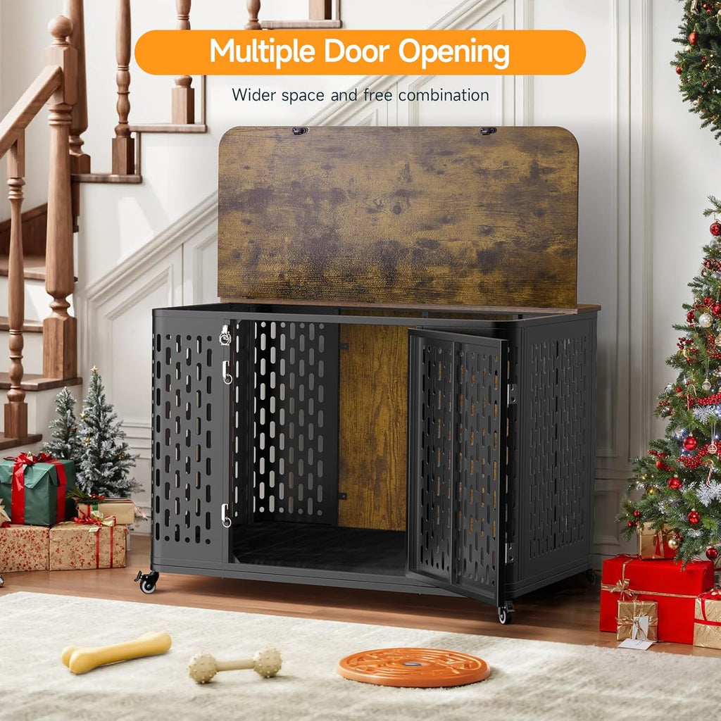 Heavy Duty Dog Crate Furniture for Large and Medium Dogs, 43.7 Inch Large Dog Crate Kennel with Flip Top & Cushion & Wheels, Escape Proof Pet Cage for High Anxiety Dogs