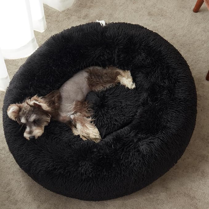 Western Home Calming Donut Small Medium Pet Dog Bed Washable,27" Black | Fluffy Faux Fur Round Cuddler,Anti-Anxiety,Anti-Slip Bottom,Plush Pet Dog Beds for Small Medium Sized Dogs,Up to 35 LBS
