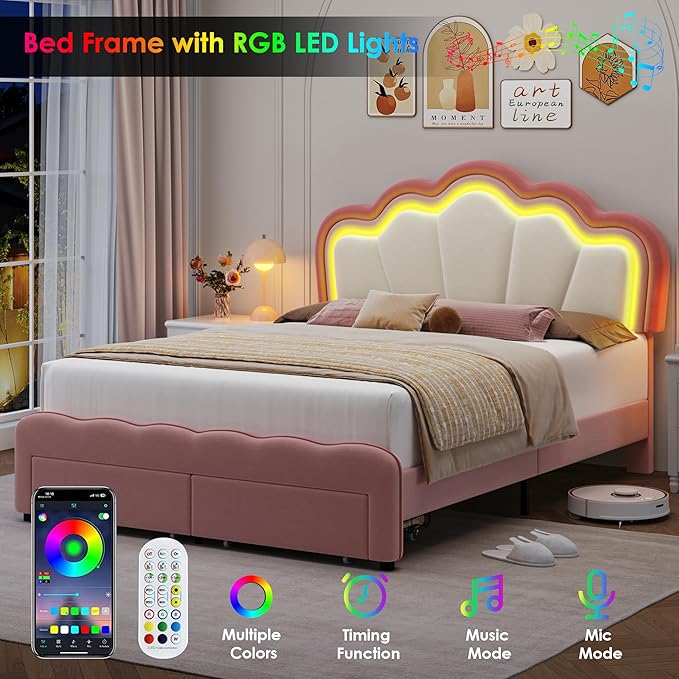 HOSTACK Full Upholstered LED Bed Frame with Storage Drawers, Cute Girls Bed with Adjustable Lotus Headboard, Velvet Princess Platform Bed Frame, Wooden Slats Support, No Box Spring Needed, Pink/Beige
