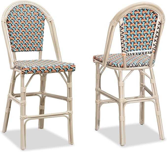 PURPLE LEAF French Counter Height Bar Stool Set of 2 25" White Print Finish Patio Bar Chairs with Back Rattan Bar Chairs French Bistro Set for Kitchen Outdoor Counter Stool Colorful