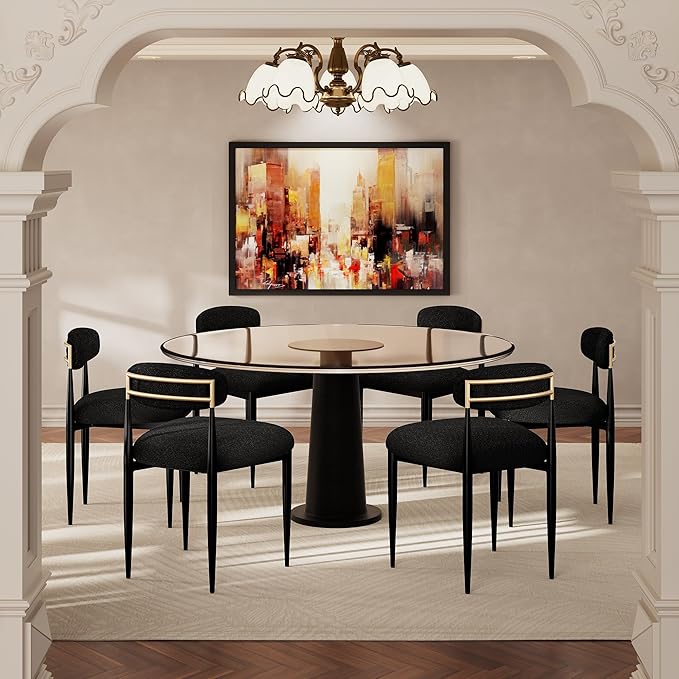 Morden Fort Black Dining Chairs Set of 6, Boucle Upholstered Chairs with Curved Backrest and Metal Legs for Dining Room, Kitchen and Apartment