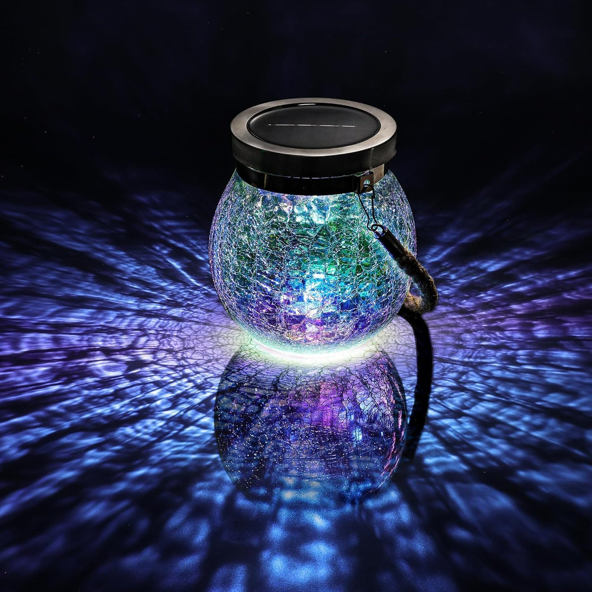 Cooo 2 Pack Solar Lantern Outdoor Waterproof Iridescent Crackle Glass with 215% Larger Solar Panel, Stainless Steel Lid – Rainbow Glass Hanging Light with Cool White LED for Garden Patio Table
