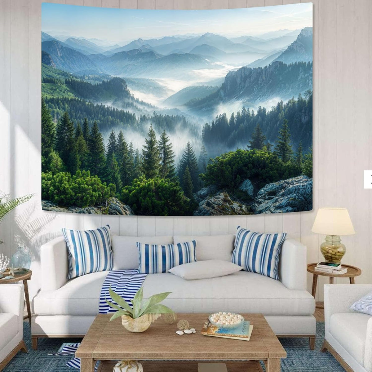 AMM Nature Forest Mountain Tapestry Green Misty Pine Tree Tapestry for Bedroom Aesthetic Foggy Woodlands Sky Landscape Tapestries Wall Hanging for Living Room Dorm 48 x 36 Inch