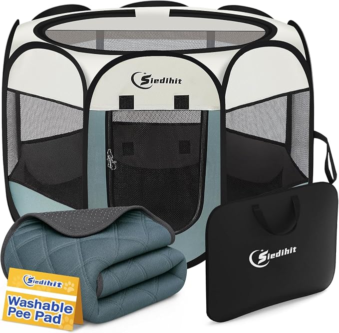 Sieidihit Dog Cat Playpen Tent Crate Cage with Washable Pee Pad, Small Grey | Rest Zone for Recovering Pets New Pet Quarantine Room Portable Pop Up Easy to Set up lightweight dog Kennel with Carrying Bag