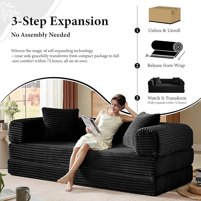 Boneless Couch Sofa Bed Sectional Couches for Living Room,Futon Cloud Couch with Sleeper Sofa,Sofas for Living Room Oversized Corduroy Upholstered (Black)