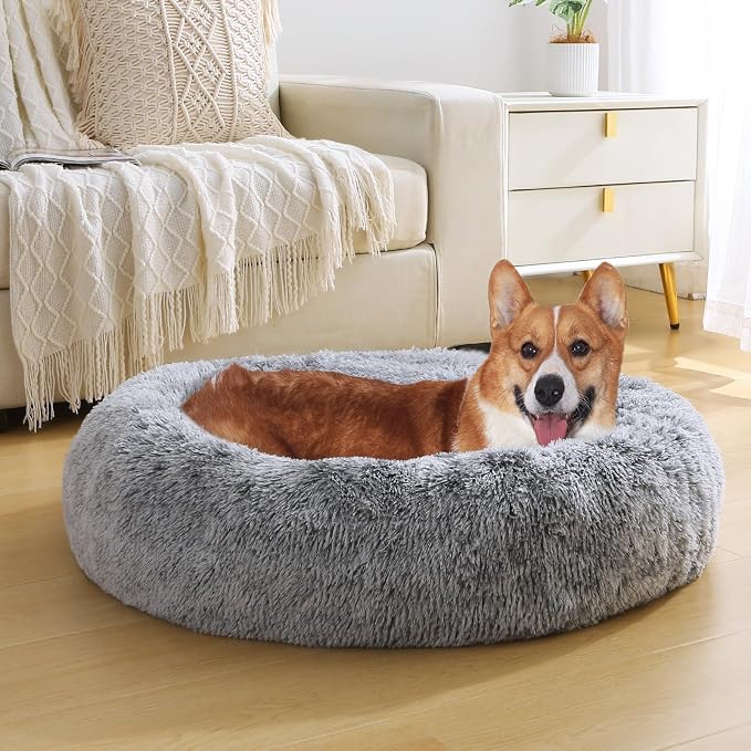JOLLYVOGUE Dog & Cat Bed, Calming Anti-Anxiety Pet Bed for Small Dogs, Fluffy Donut Cushion for Small and Medium Pets (23")