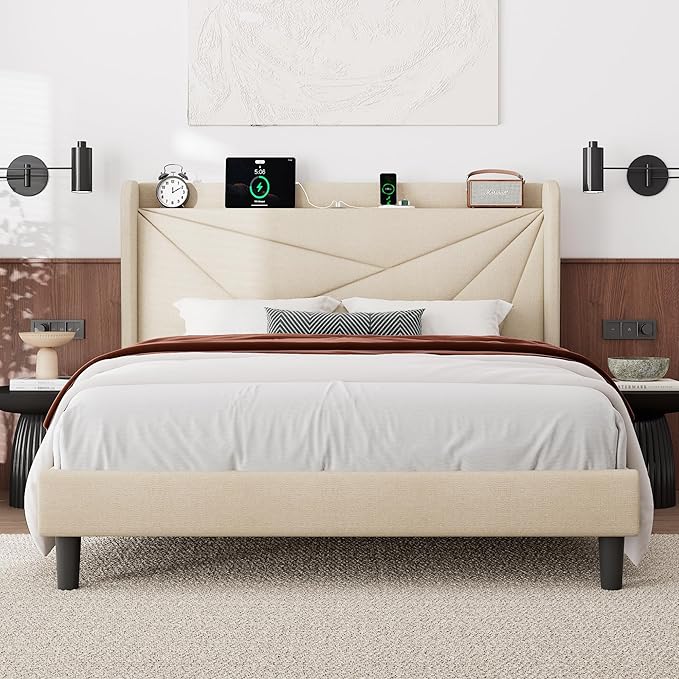Feonase Queen Size Bed Frame with Charging Station, Linen Upholstered Platform Bed Frame with Wingback Storage Headboard, Solid Wood Slats Support, No Box Spring Needed, Noise Free, Beige