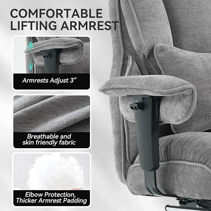Efomao Executive Office Chair, Soft-Cushioned Computer Chair with Foot Rest, Fabric Home Office Desk Chairs, Big and Tall Office Chairs, Grey