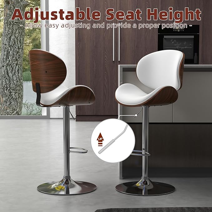 civama Bar Stools Set of 2 for Kitchen Counter, Adjustable Bar Height Chairs, Modern Swivel Barstools with Bentwood Seat and Back with Footrest, for Kitchen Island, Dining Room, White PU Leather
