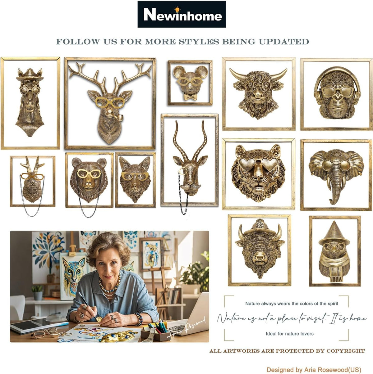 Animal Heads Wall Decor (Includes Metal Frame) Resin Animals Sculptures Head Wall Hanging Decoration Gold vintage Wall Sculpture for Living Room Bedroom Office (Gorilla)