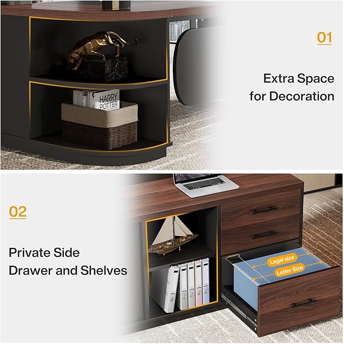 Tribesigns 80'' L-Shaped Desk, Large Executive Office Desk with 55'' Drawers Cabinet, Modern Computer Table with Storage Shelves, Business Furniture for Home Office, Walnut & Black