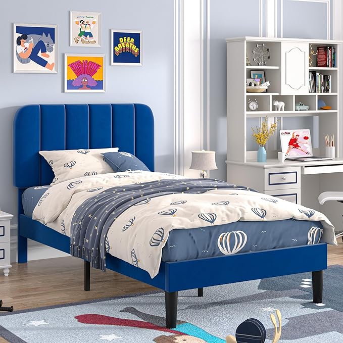 VECELO Twin Size Bed Frame with Upholstered Headboard, Velvet Platform Bedframe Mattress Foundation, Strong Wood Slat Support, No Box Spring Needed,Blue