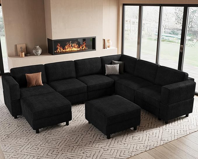 Modular Sectional Sofa 7 Seat U Shaped Couch with Storage Ottoman,Sectional Couches for Living Room,Corduroy Modular Couch in Black