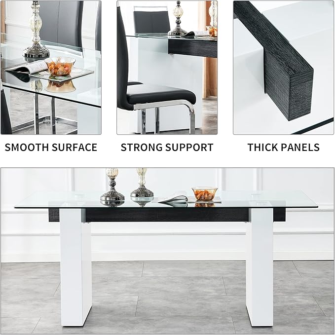 Modern Glass Dining Table for 6-8, Rectangular Glass Kitchen Table with Tempered Glass Tabletop and and Large White Table Legs for Kitchen Dining Room(White)