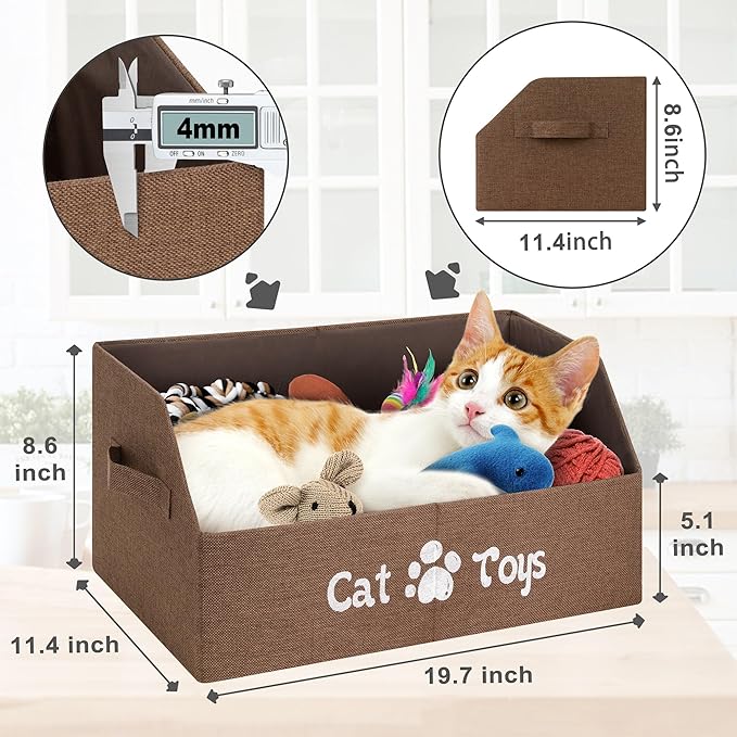2X Thicker Large Cat Toy Bin - Collapsible Box, Sturdy Basket, Kitten Storage Bed for Organizing Toys, Treats, Clothes and Accessories (Brown)