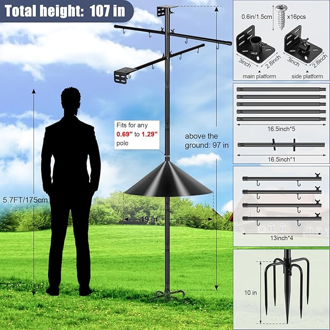 Gtongoko Squirrel Proof Smart Bird Feeder Pole for Outdoors 107 Inch 1 Inch Diameter Bluebird House Pole with 2 Platform and 8 Hooks for Bird Feeder with Camera Adjustable Heavy Duty Mounting Pole