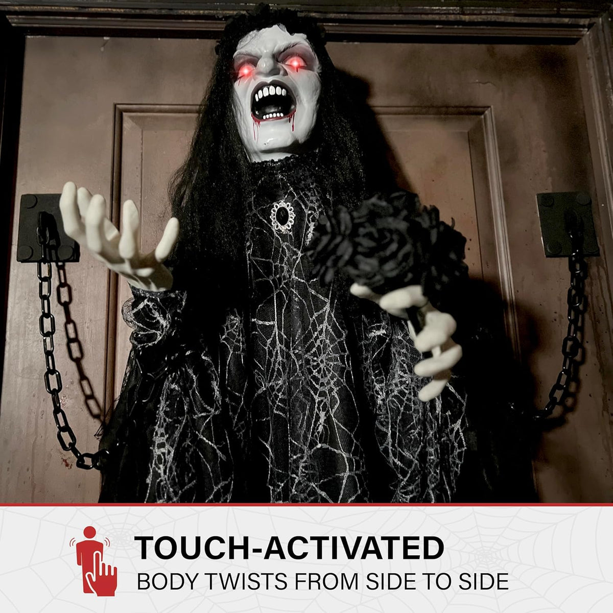 Haunted Hill Farm Animatronic Scary Demon Widow Door Greeter with Touch Activated Lights and Sound, Battery-Operated Indoor or Covered Outdoor Halloween Decoration