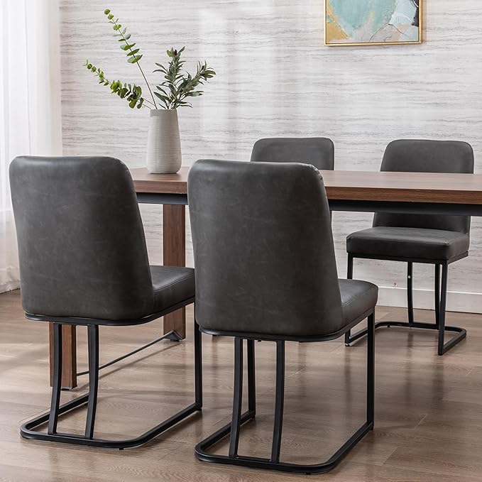 Charcoal PU Leather Dining Chairs Set of 4 Mid Century Modern Comfortable Dining Room Chair with Curved Backrest, Upholstered Kitchen Side Chairs with Black Metal Legs