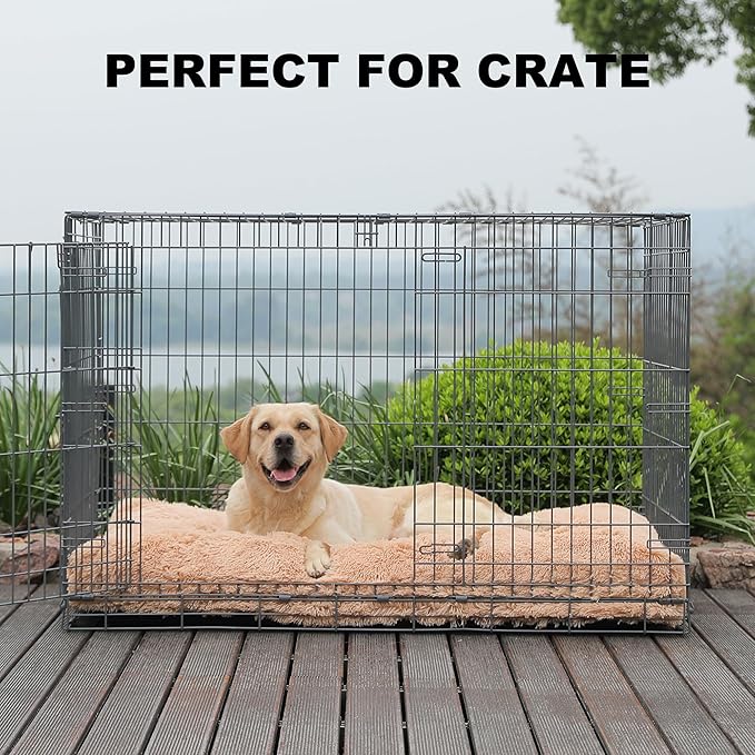 Bedfolks Waterproof Crate Bed, Plush Dog Kennel Pad with Removable Washable Cover, Faux Fur, Fluffy, 41"x27", Solid Camel