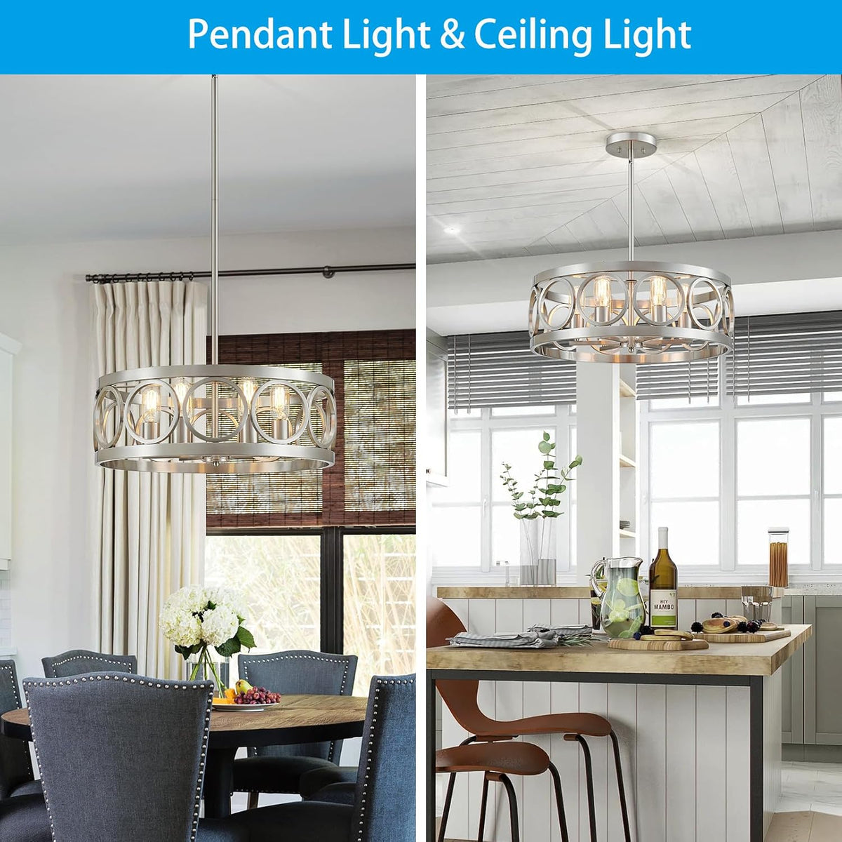 XINGQI 6-Light Modern Farmhouse Chandelier Brushed Nickel, 21.7'' Drum Ceiling Light Fixture for Living Dining Room Over Table with Round Metal Shade Pendant Lighting