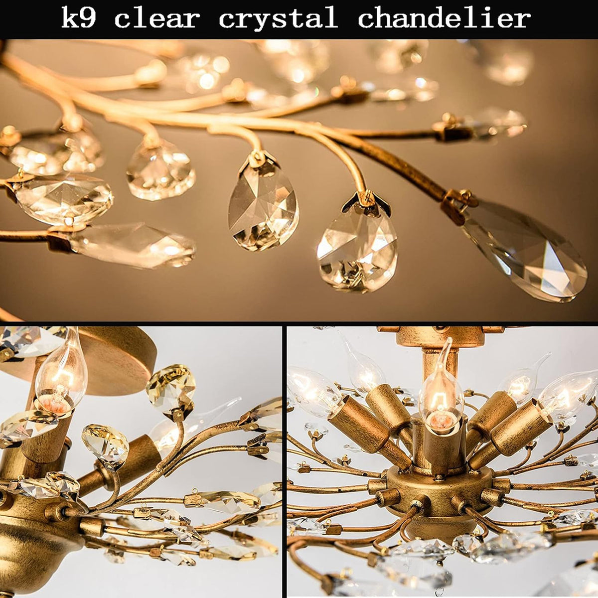 Ganeed Crystal Chandeliers,Vintage K9 Clear LED Ceiling Lighting,Edison Pendant Light Flush Mounted Fixture with 5 Light for Living Room Dinning Room Restaurant Porch Hallway (Gold)