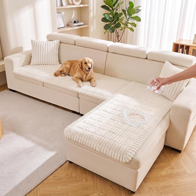 FUANGUI 2 Pack Waterproof Couch Cover for Dogs Pets Sofa Protector | Non-Slip Washable Fuzzy Soft Sofa Slipcover for 2 PCS L Shaped Sofa Pet Friendly, 27.6" x 59.1"+27.6" x 70.9", Beige