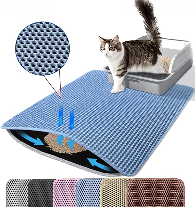 Extra Large Cat Litter Mat, 30x22 Inches Honeycomb Double Layer Cat Litter Trapping Mat, Non Slip Waterproof Urine Proof Large Kitty Litter Box Mat for Floor, Kitten Supplies, XL, Blue