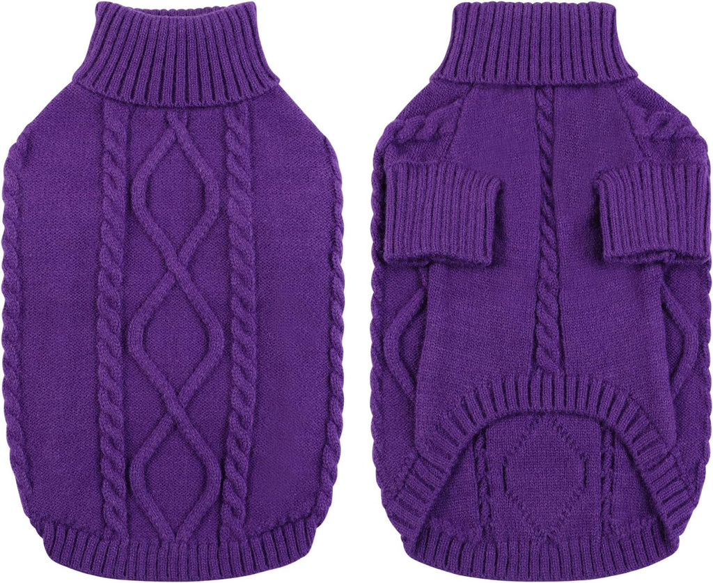 Queenmore Small Dog Pullover Sweater, Cold Weather Cable Knitwear, Classic Turtleneck Thick Warm Clothes for Chihuahua, Bulldog, Dachshund, Pug (Purple, Large)