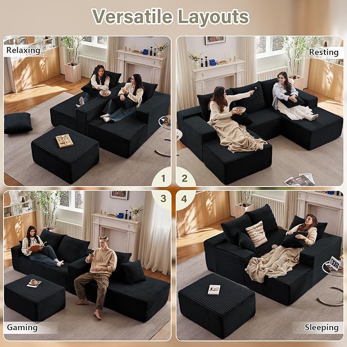 107" U-Shape Cloud Couch, Modern Modular Sectional Comfy L-Shape Sofa with Ottoman, Deep Seat, Upholstered Corduroy Sleeper Chaise Longue for Living Room Bedroom, No Assembly Required, Black