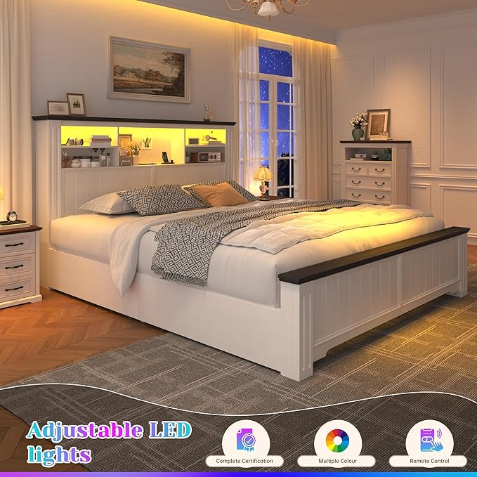 EnHomee Full Size Bed Frame with Headboard and Storage, 4 Drawers and LED Built in Charging Station Full Bed Frame with Storage Farmhouse,NO Noise,No Box Spring Needed,White