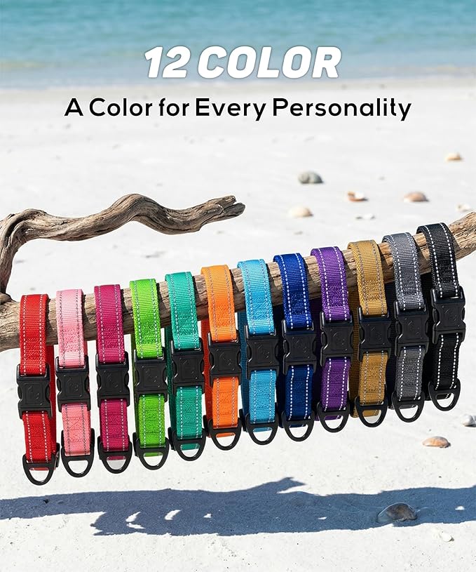 TagME Reflective Nylon Dog Collars, Adjustable Classic Collar with Quick Release Buckle for Large Dogs, Khaki, 1.0" Width