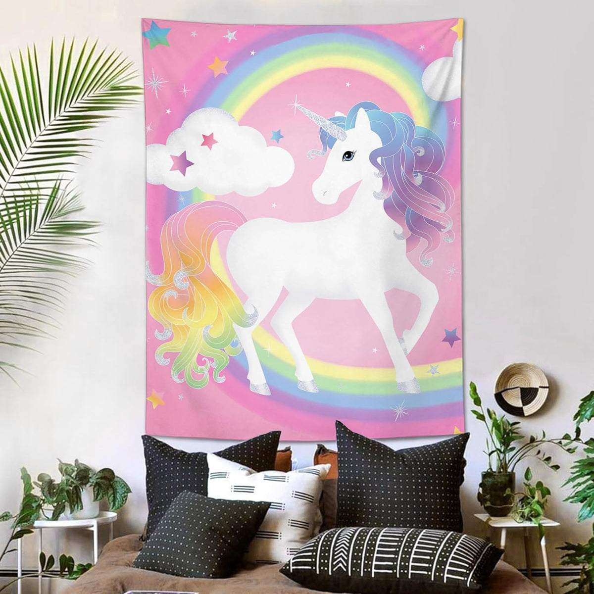 yowecso Unicorn Tapestry Rainbow Wall Hanging for Bedroom, Pink Unicorn Tapestries Aesthetic Wall Decor for Home, Dorm, Living Room - 60"x90"