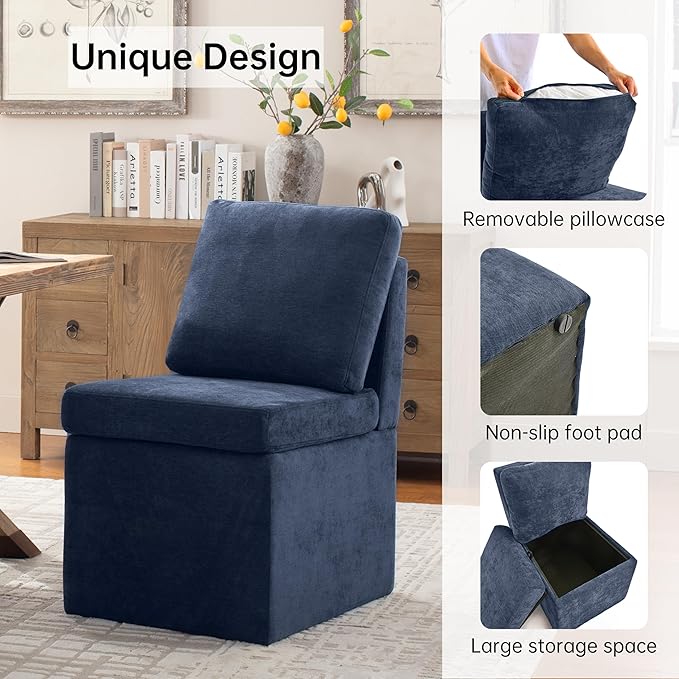 VKNOW Upholstered Dining Chairs, Modern Kitchen Chairs with Storage, Linen Armchair Dining Room Chairs for Kitchen Room, Navy Blue